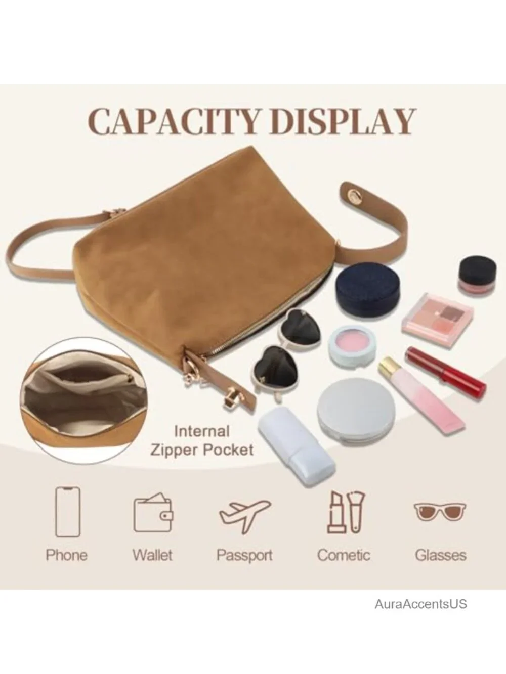 Brown Suede Leather Hobo Tote Bag Women Crossbody Shoulder Satchel Purse